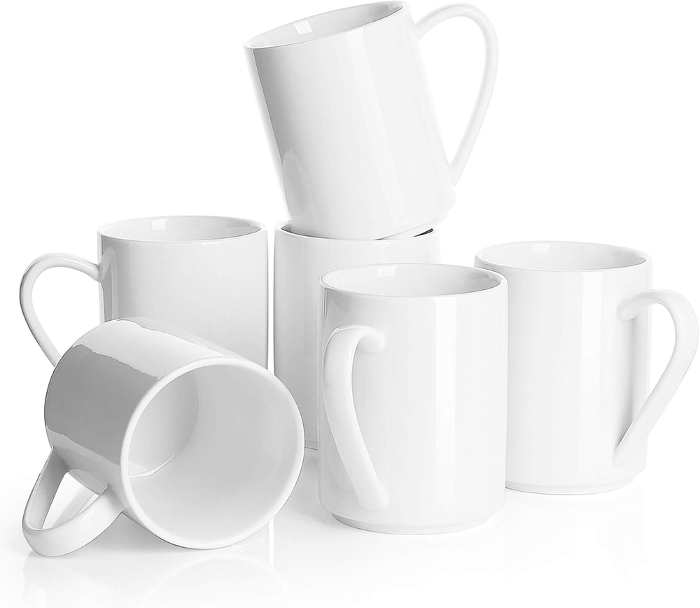 White Coffee Mug, Porcelain 11 Oz Coffee Mugs Set of 6, Ceramic Coffee Cups with