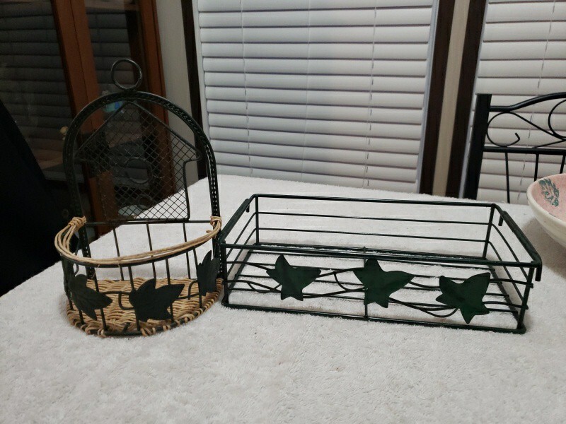 Green Metal Wicker Wall Shelf And Metal Table Decor