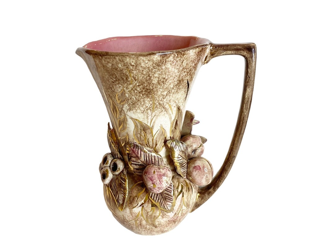Vintage Leidy Freeman MCM Ceramic Pitcher Vase Fruit Leaves Gold Trim Signed 8