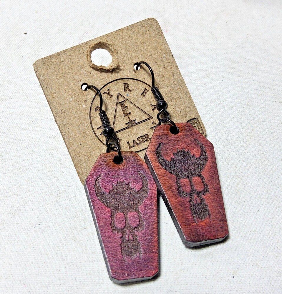 Laser engraved cut coffin demon skull earrings hallowen custom horror fashion