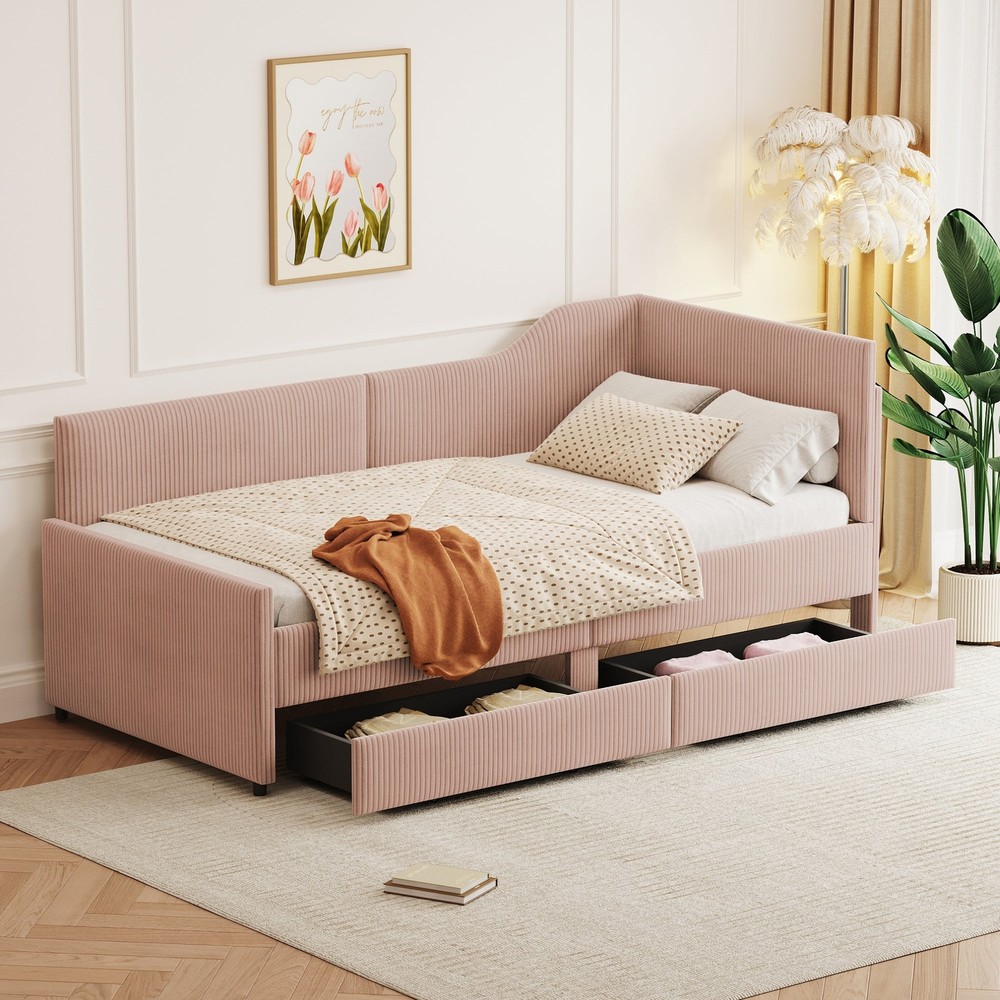 Twin L-Shaped Storage Daybed in Soft Corduroy Fabric