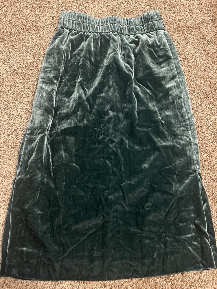 J. Crew Green Velvet Pull On Side Slit Midi Skirt SP Holiday