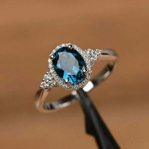 2.10 Ct Oval Cut Blue Topaz Engagement Ring 14K White Gold