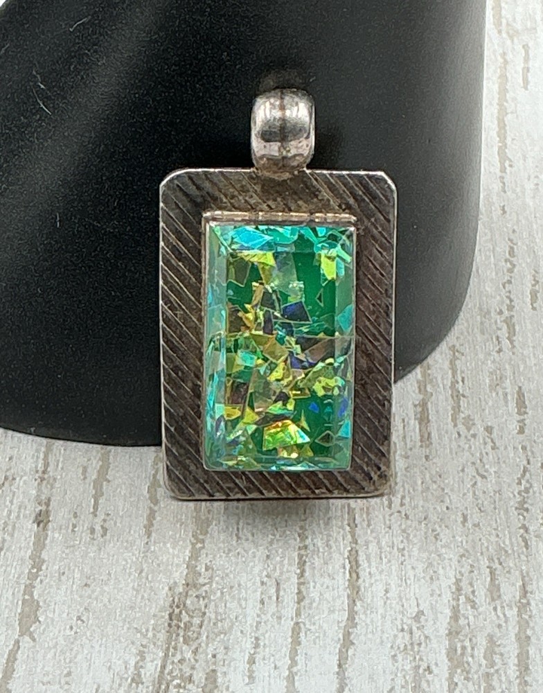Vintage Mexico 925 Sterling Silver Rectangular Dichroic Glass Art Pendant