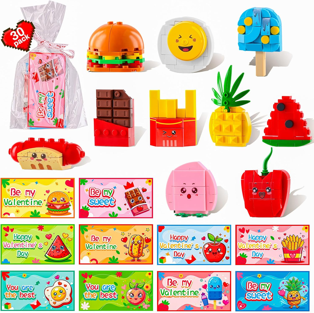 Valentines Day Classroom Cards for Kids - 30 Pack Fast Food Fruit Building Block Theme