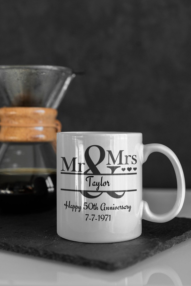 Personalized Mr And Mrs Coffee Mug For 50th Anniversary Custom Name And Date