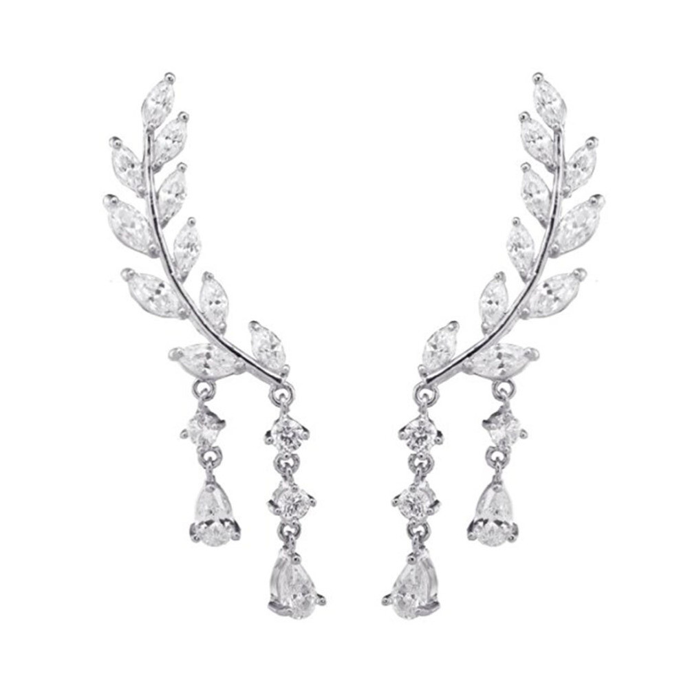 Elegant Fashion Lady Clear Crystal Leaf Ear Cuff with Back Earrings for Women