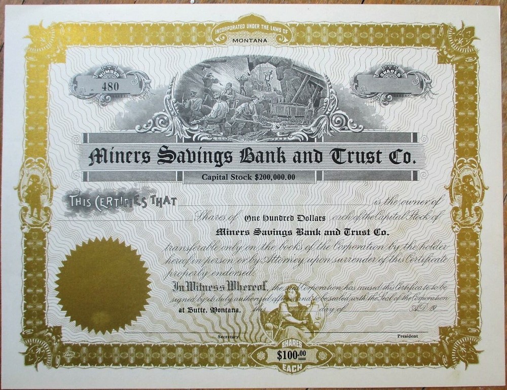 Butte, MT 1910 Mining Stock Certificate, Miners Savings Bank and Trust, Montana