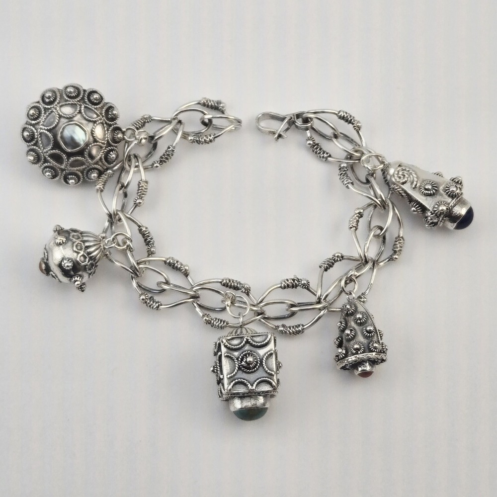 VTG 800 Silver Etruscan Revival Charm Bracelet Gemstones Pearl Turquoise 7