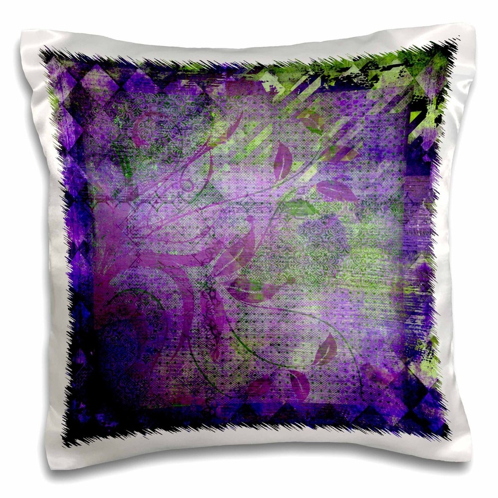 3dRose Plum Purple and Lime Green Diamond Abstract Design with Leaves 16x16 inch