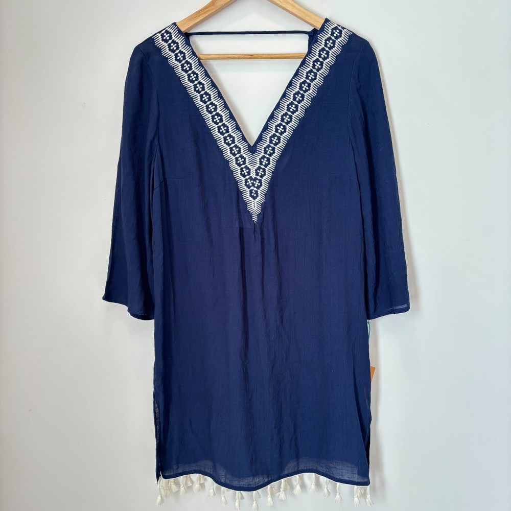 Kona Sol Navy Embroidered Boho Swim Cover Tunic with Tassel Trim Size Medium New B82