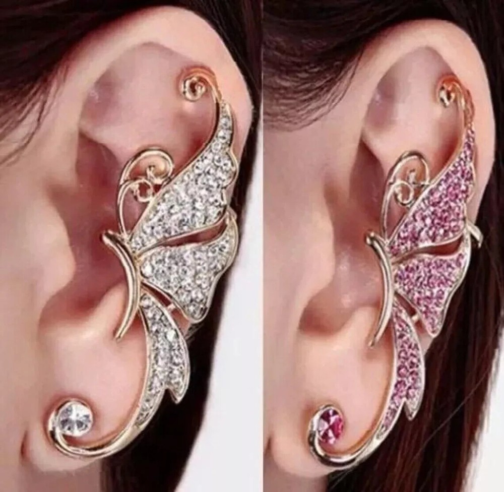 Elegant Crystal Dragon Wing Ear Cuff with Cute Butterfly Earring