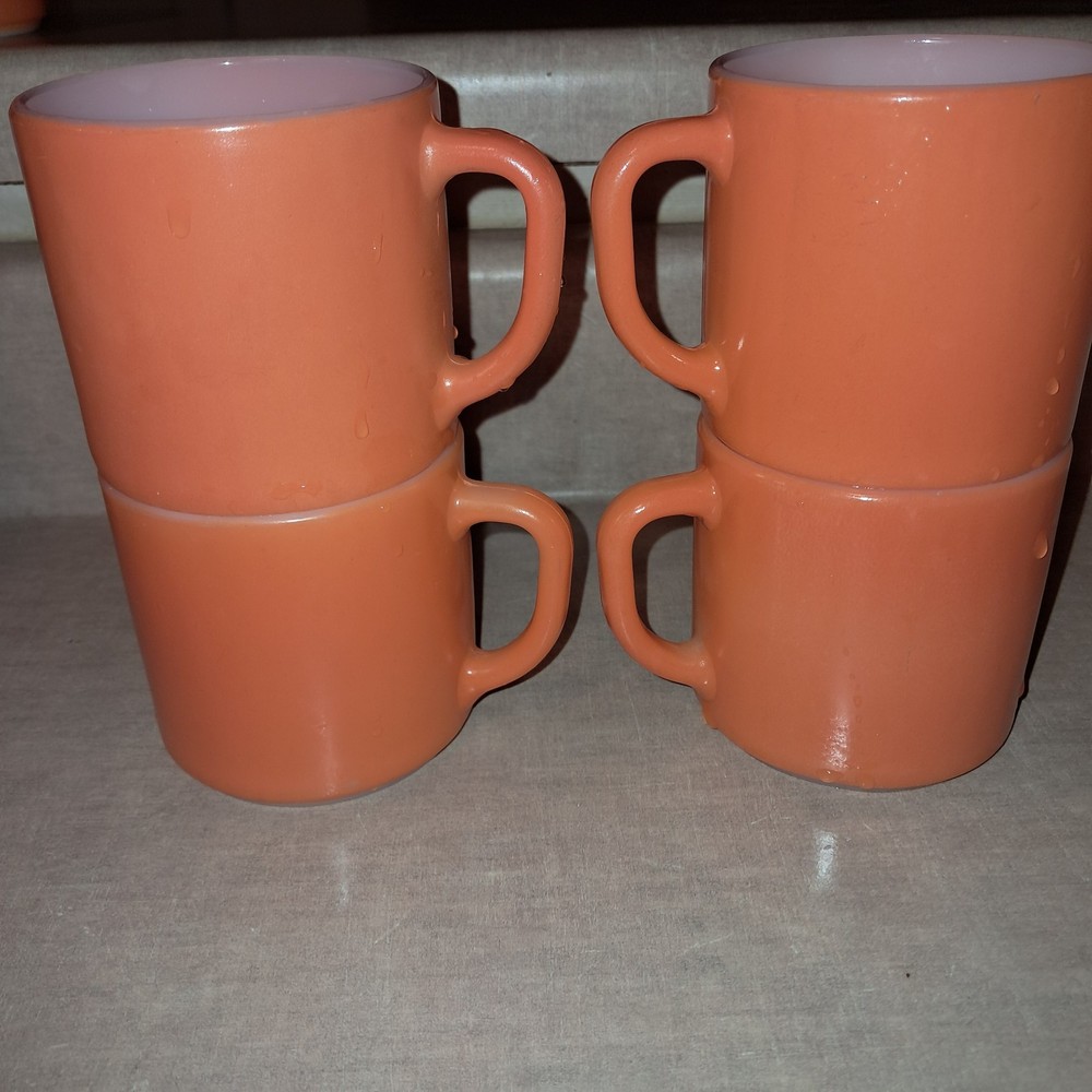 4 Vintage Fireking Anchor Hocking Orange Stackable Coffee Cups