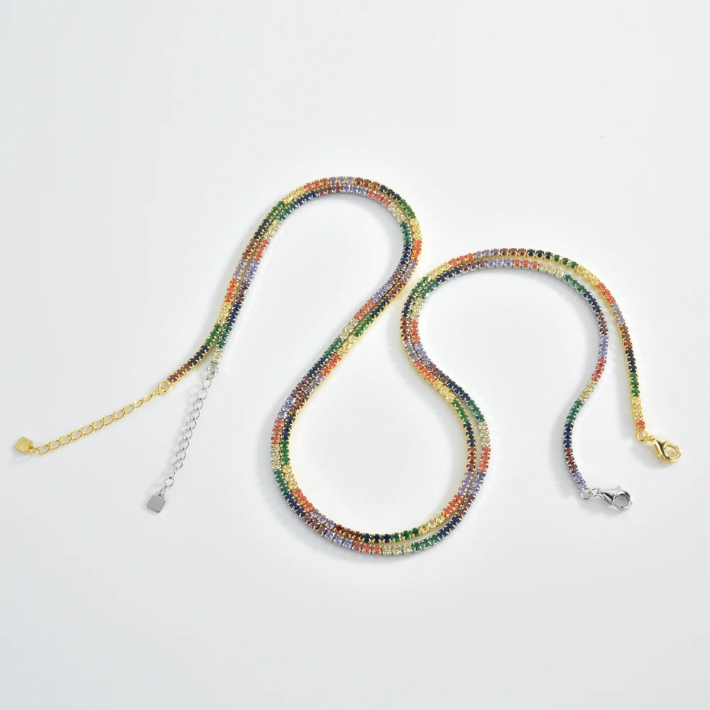 Silver Gold Rainbow Zircon 2mm Tennis Choker Necklace for Women Birthday Gift