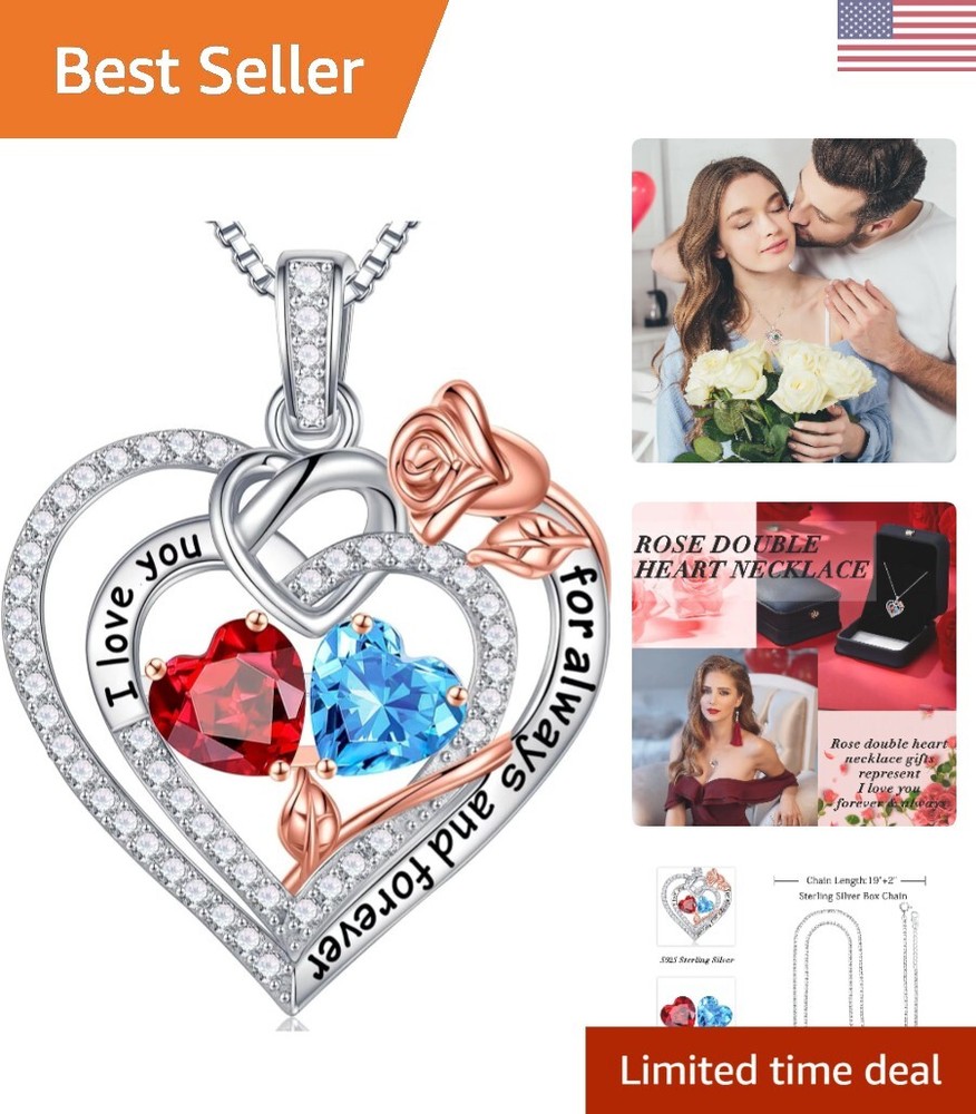 Rose Heart Necklaces Gifts for Her - 925 Sterling Silver Rose Heart Birthston...