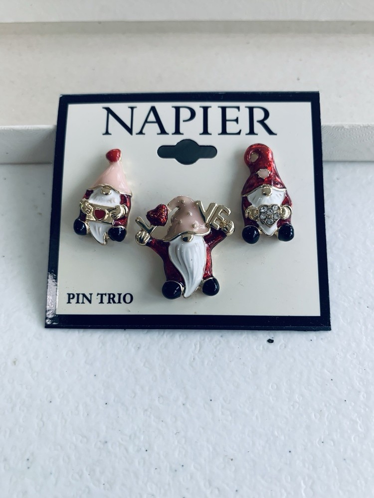 Napier Valentine's Day Love Gnome Trio Pin Set Gold Tone Crystal & Enamel New