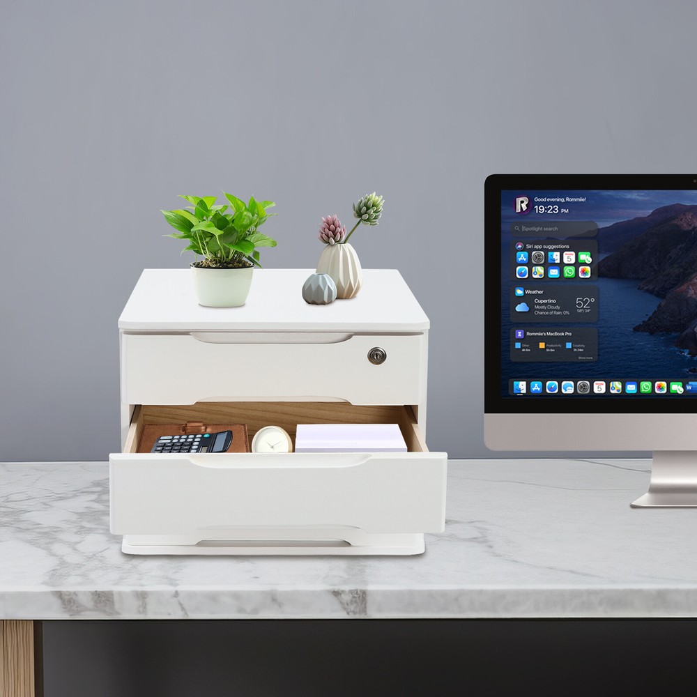 15.35-inch white desktop organizer storage box with locking drawers