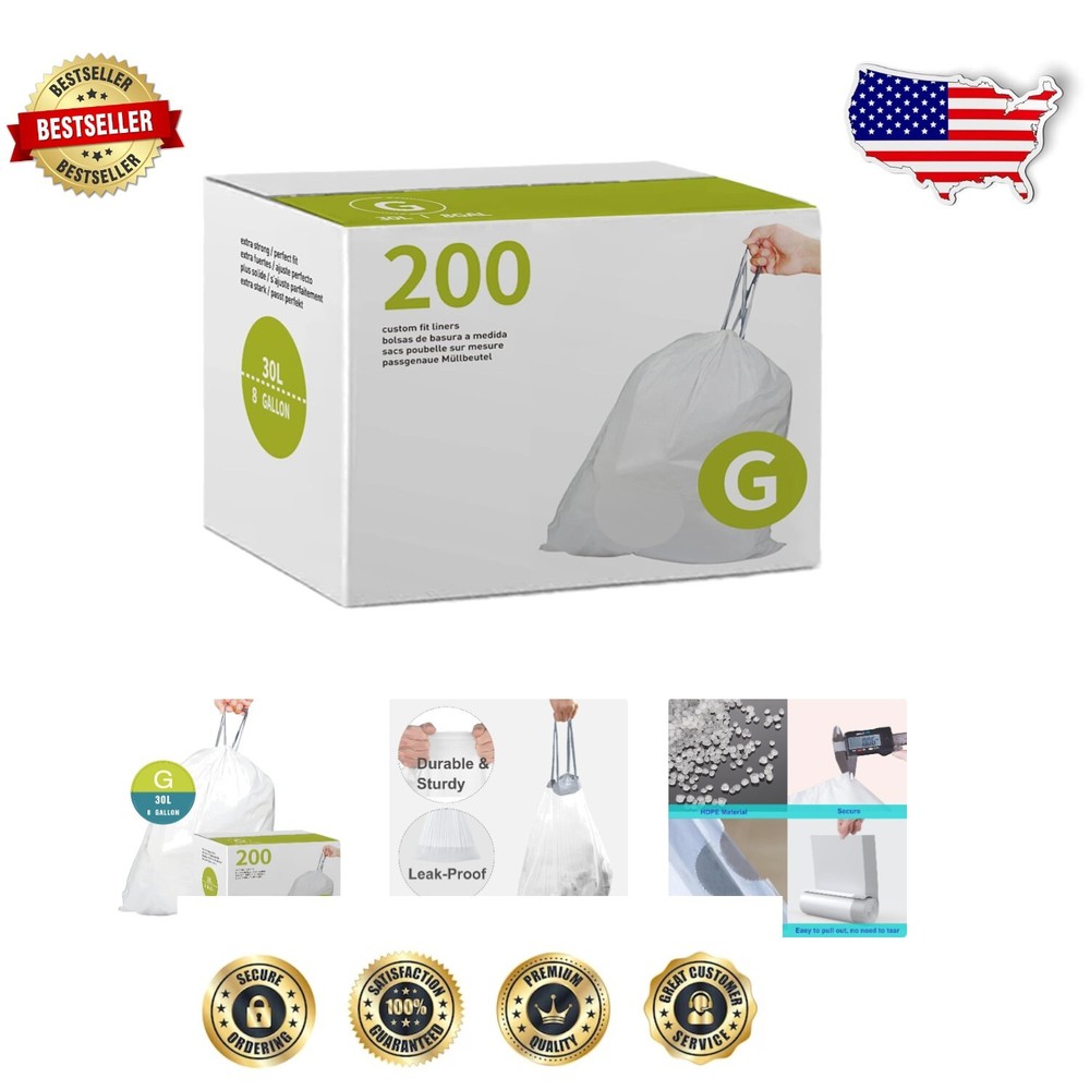 Drawstring Easy-Tie Garbage Bags 8 Gallon | 200 Count Heavy Duty Plastic Liners