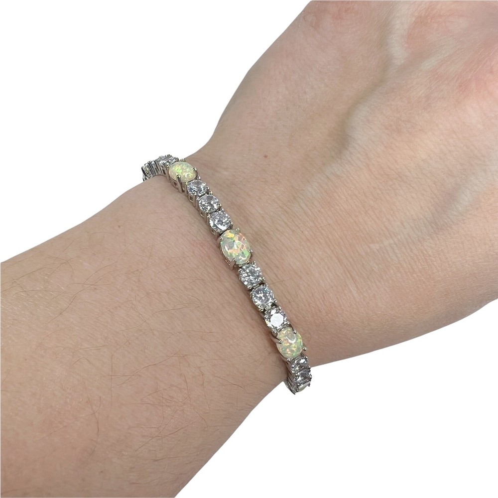 Milky Faux Opal and Clear Rhinestone Bolo Slide Lock Silver Tone Bracelet Flash