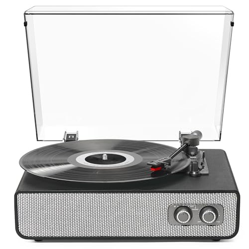 Vinyl Record Player with Upgraded Built-in Speakers, 3-Speed Belt Black Leather