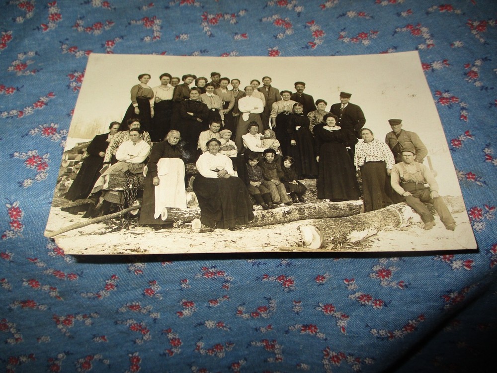 Old Postcard RPPC Group of People Outside  On Back  Visiting the Logging Camp