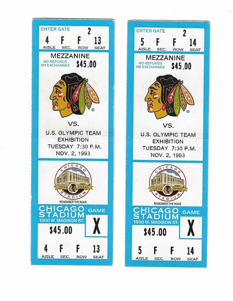 Chicago Blackhawks vs U.S. Olympic Team 1993 Rare Unused Hockey Tickets