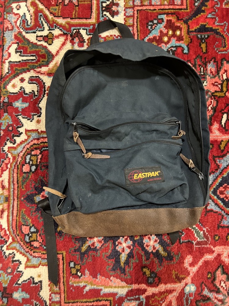 Vintage 90s Eastpak Made in USA Backpack Blue Leather Bottom Clean