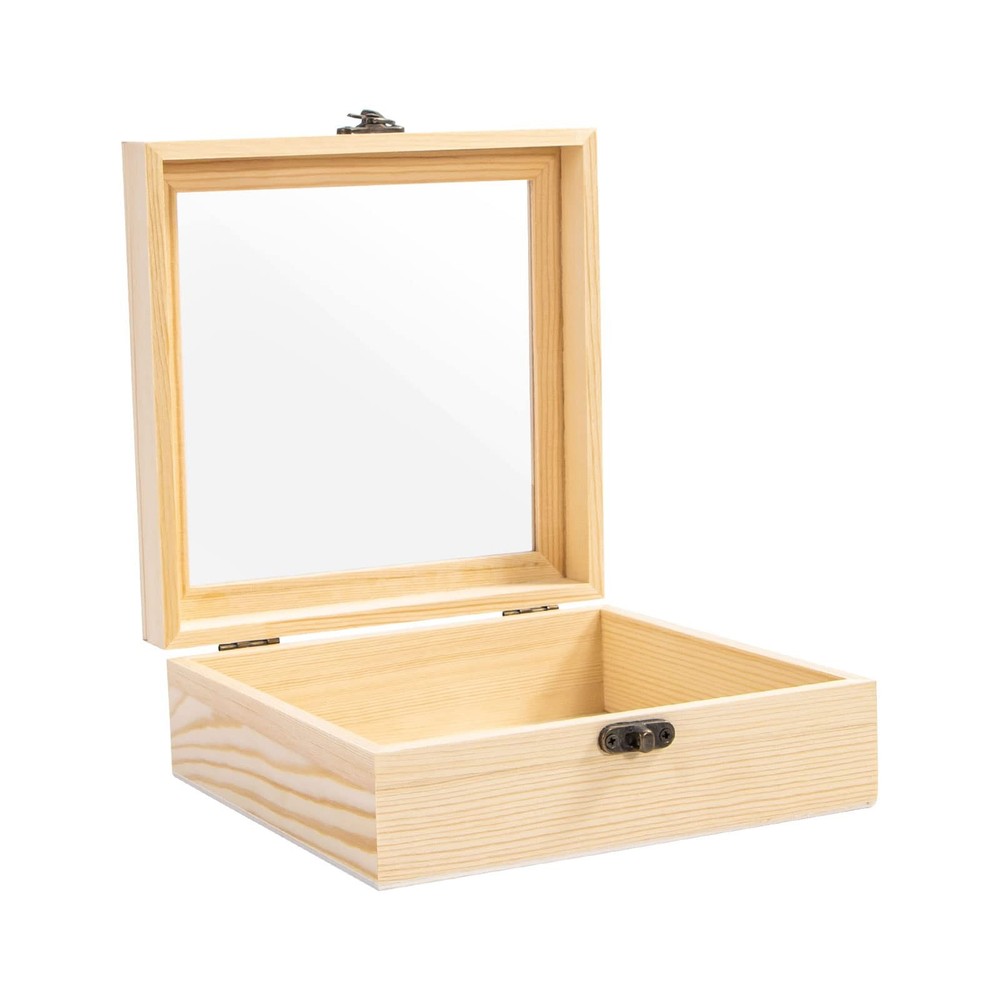 Unfinished Wooden Display Box with Hinged Glass Top for Keepsakes