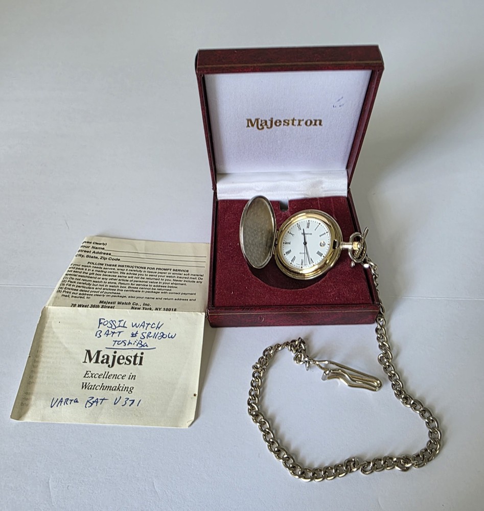 Majestron Gold Tone Quartz Pocket Watch with Chain Original Box Papers Needs New Battery