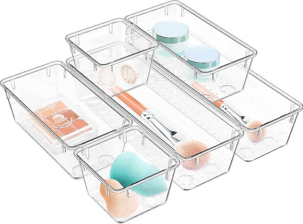 6 Pack Clear Drawer Organizer Set, Acrylic Drawer Storage Trays, Storage Bins