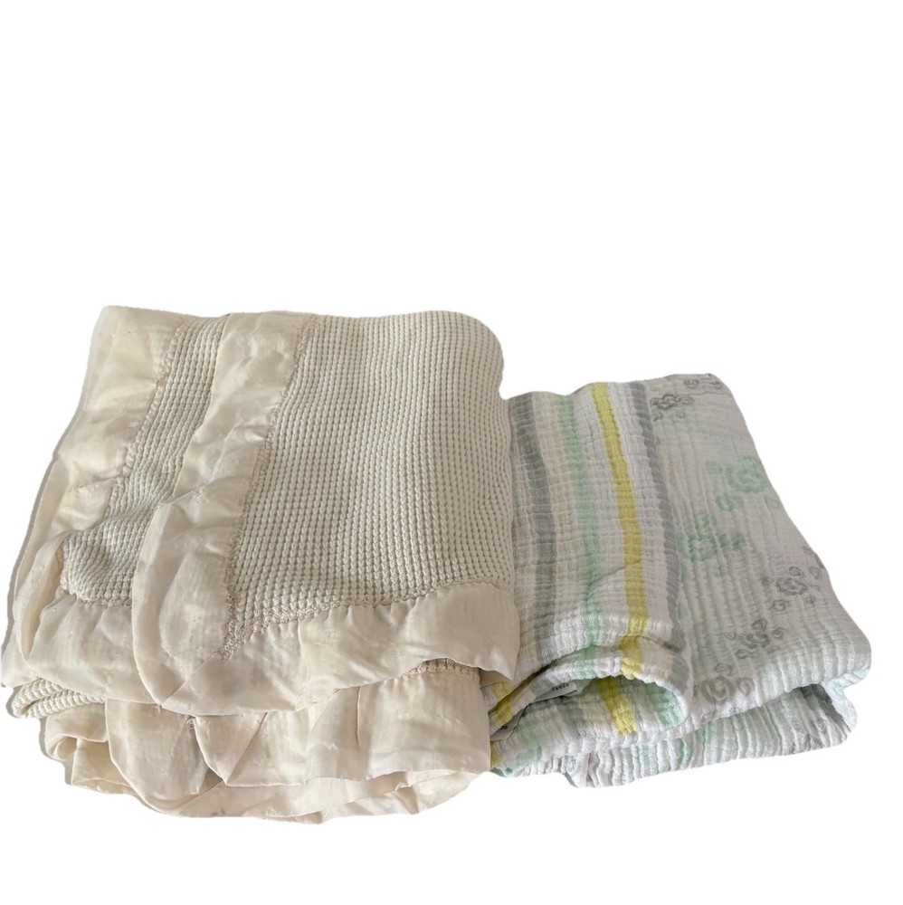 Aden + Anais Muslin Baby Blanket Lot 3 Swaddle Gauze + Waffle Satin Trim