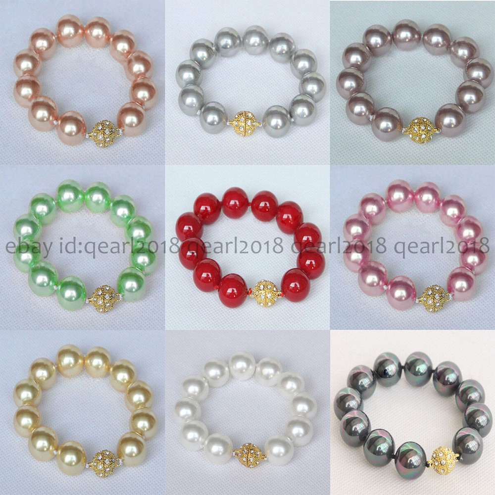 12 Colors South Sea Shell Pearl Round Beads Bracelet Magnetic Clasp 8-14mm