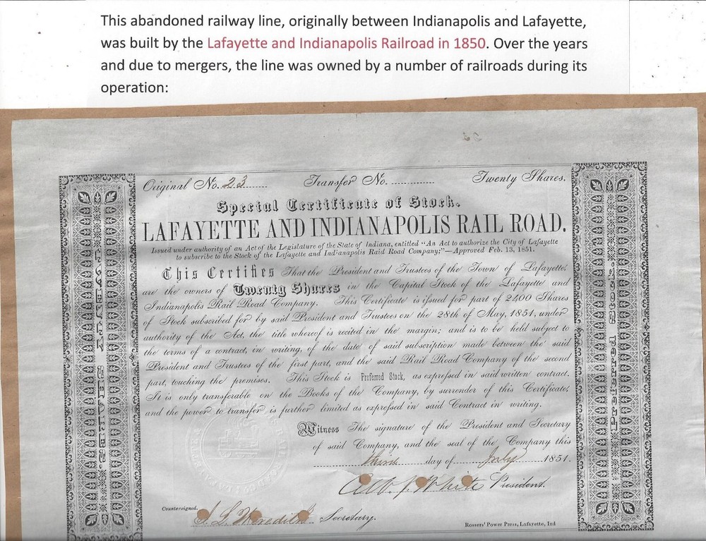 Stk Lafayette & Indianapolis RR 1851 #52 S/P A White Indiana Locomotive History