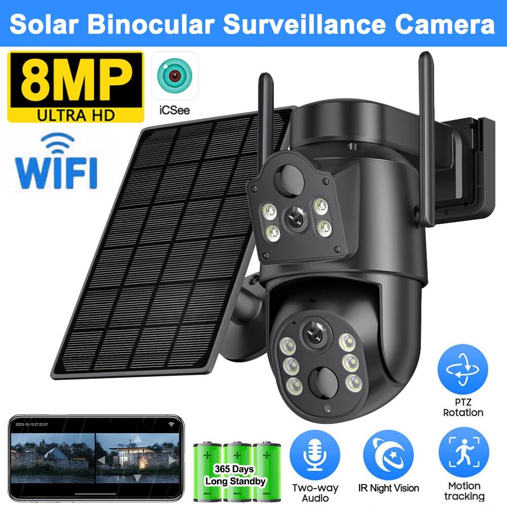 8MP 360° PTZ WiFi Solar-Powered Wireless Security Camera Outdoor CCTV
