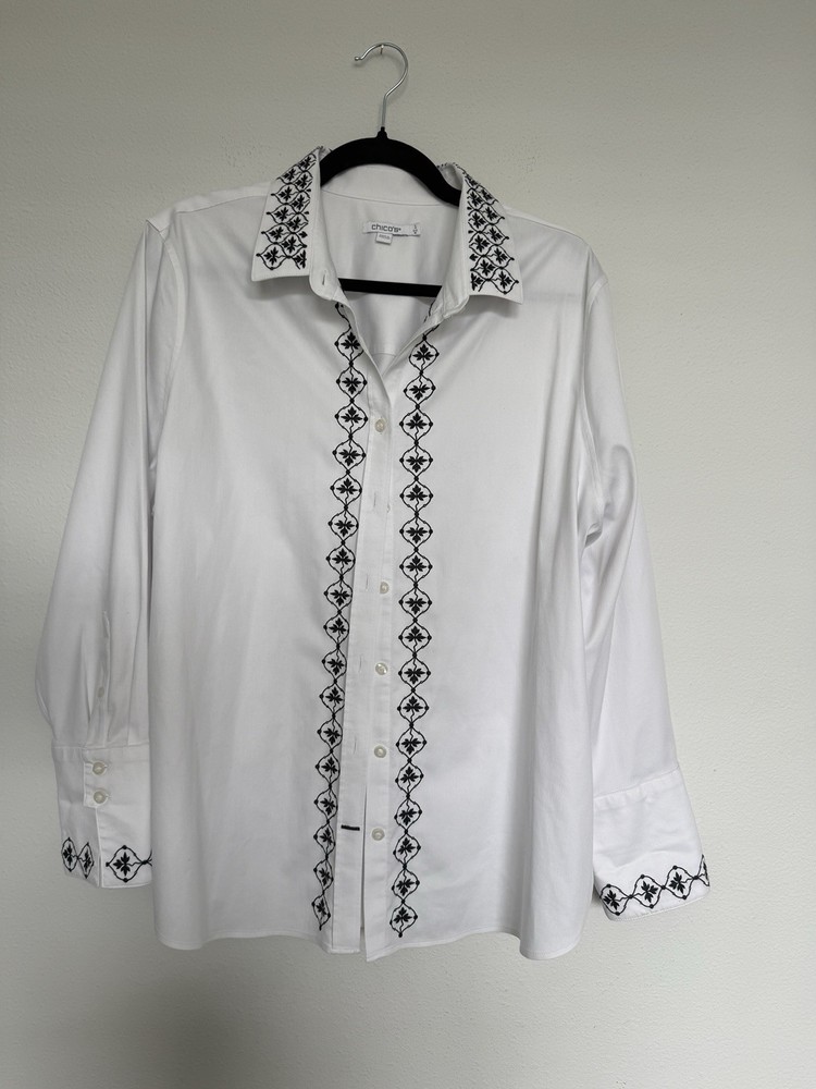 Chico's Floral Embroidered Blouse, Cotton Blend, White, Size 3 (U.S. 16)