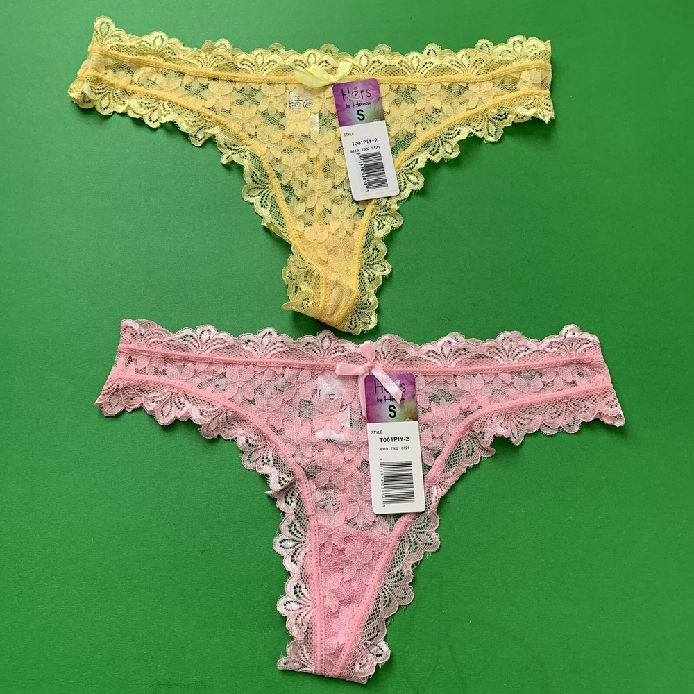 2 Hers  By Herman Lace Thongs  Yellow/pink Floral Size Small Scalloped Edges New