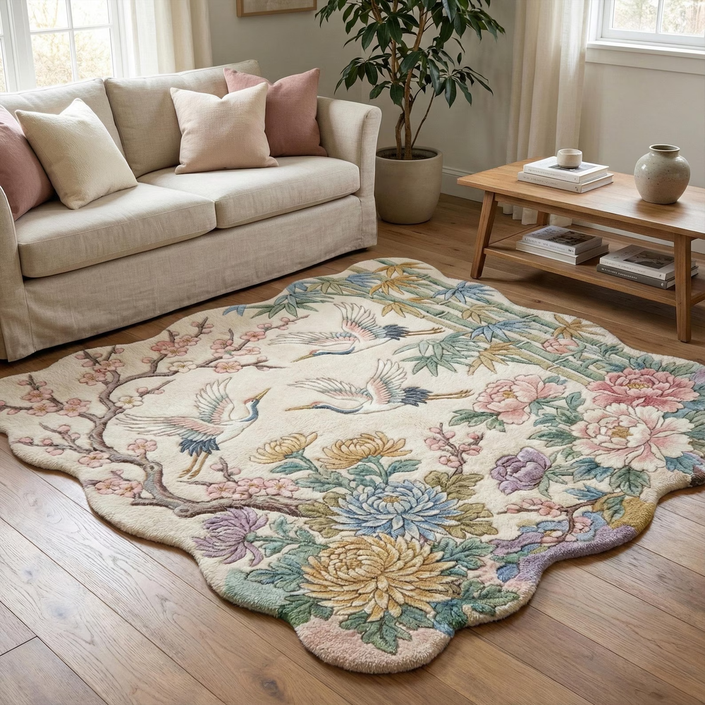Colorful Floral Hand Tufted Rug Bird Design Cherry Blossom Scalloped Wool Carpet