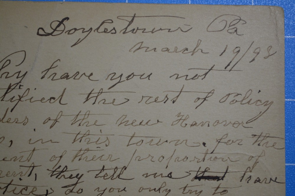 1898 Doylestown Bucks County PA Insurance Sheetz Correspondence Posted Postcard