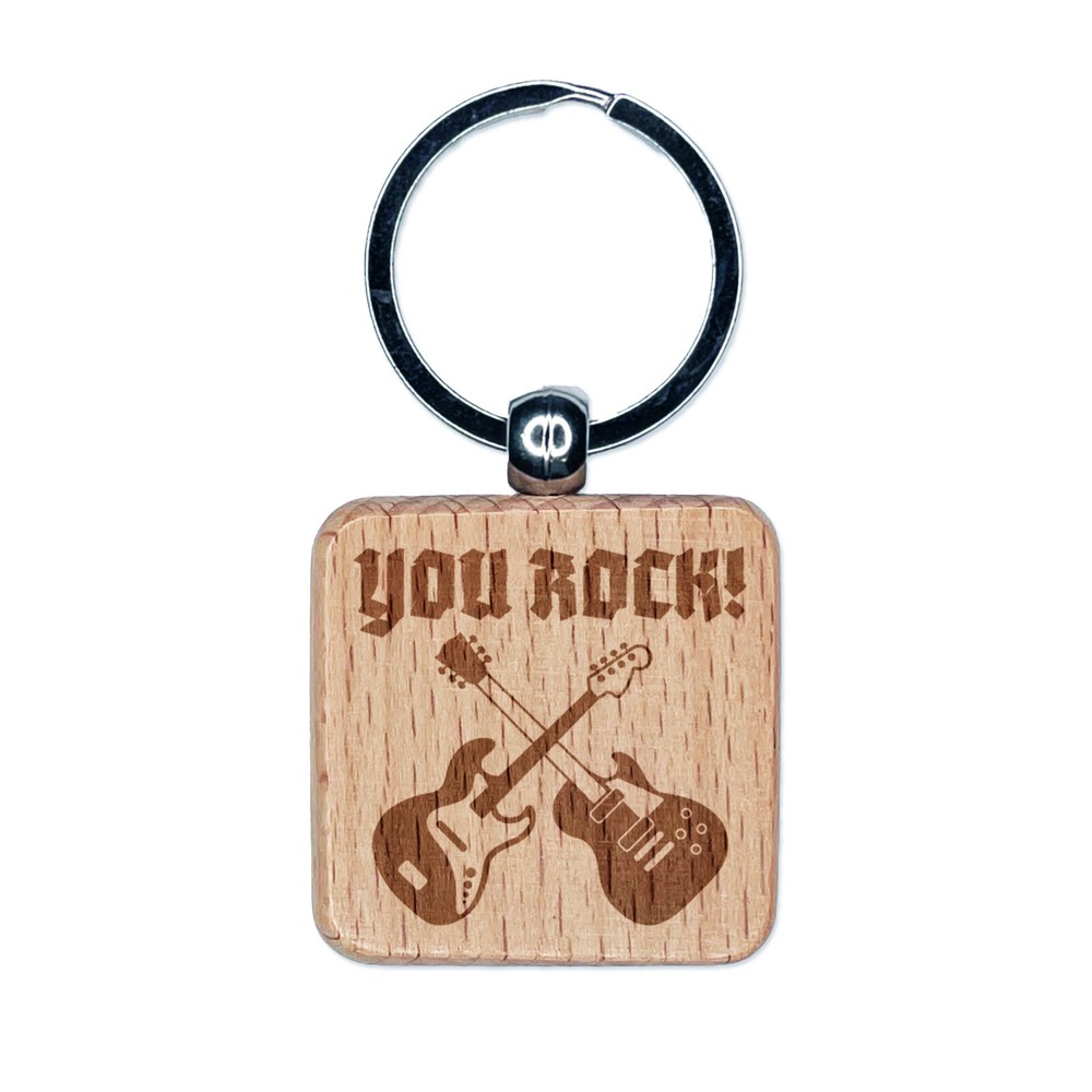 You Rock Electric Guitars Engraved Wood Square Keychain Tag Charm