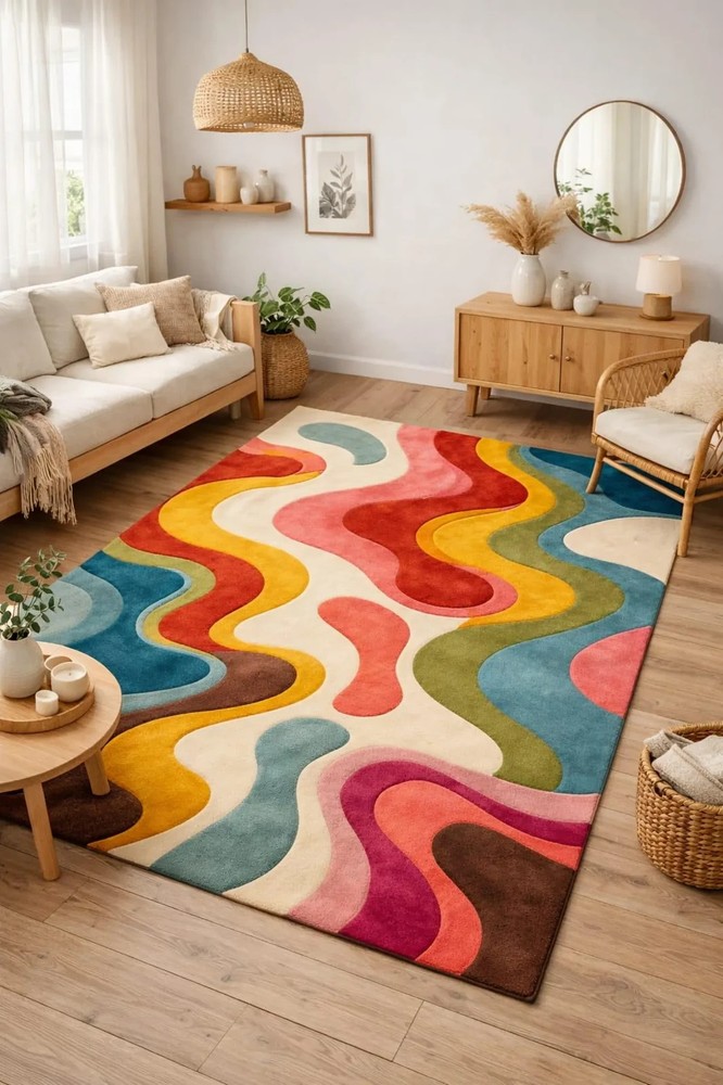 Modern Abstract Wave Pattern Area Rug – Colourful Hand Tufted