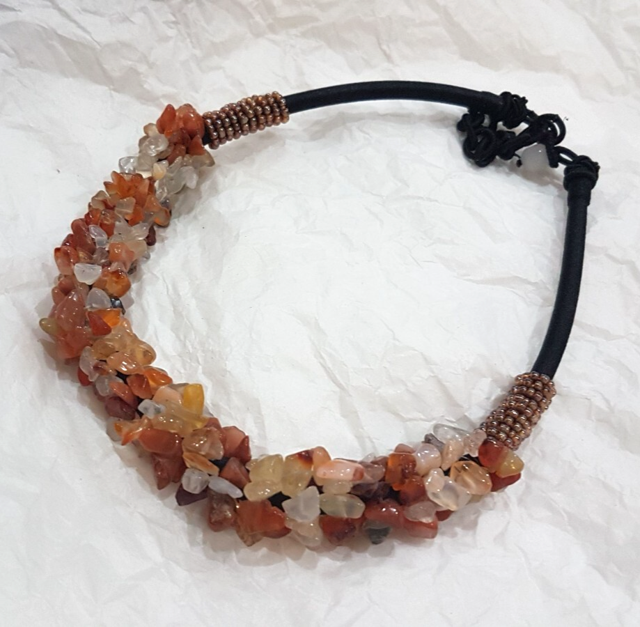 Carnelian Agate Orange Crystal Chip Beaded Necklace Semi Precious Stone
