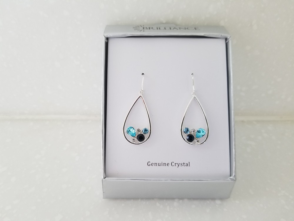 Brilliance Fine Silver Plated Genuine Crystal Dangling Earrings Brand New in Box