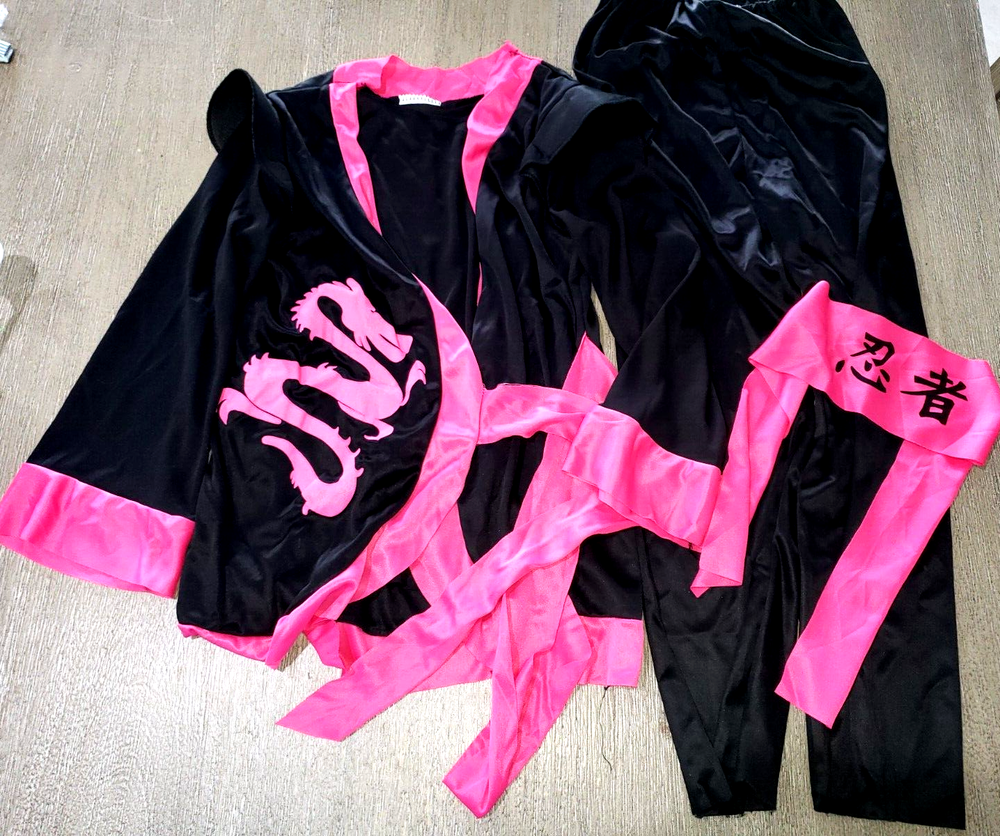 3 pc GIRLS BLACK BOLD PINK NINJA HALLOWEEN COSTUME pretend play MEDIUM TOP PANTS