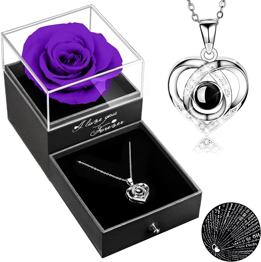 Mothers Day Preserved Real Rose W/ I Love You Necklace Eternal Rose Gift, Purple-image