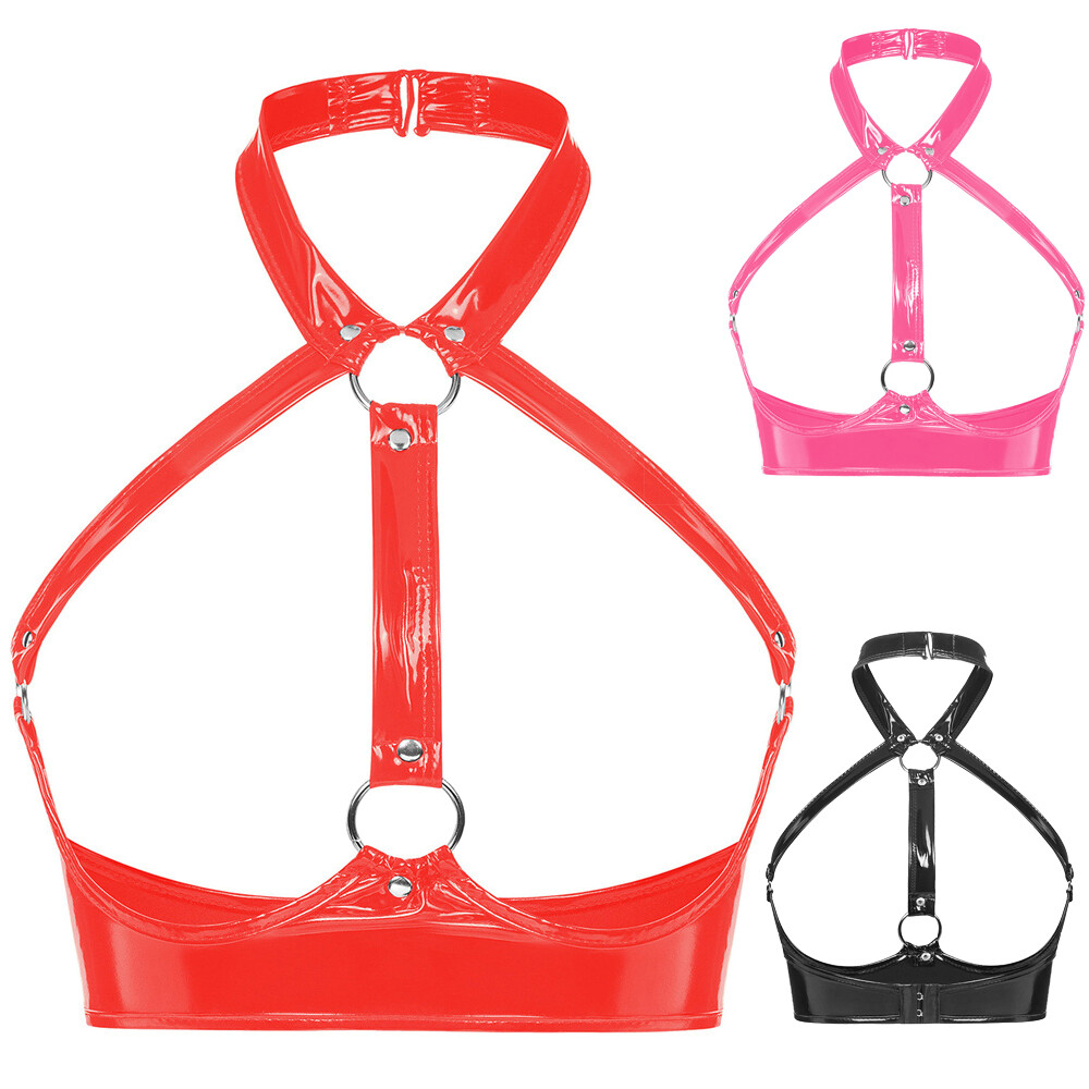 Women's PU Leather Halter Neck Lingerie Sexy Bustier Bras Tops Open Cup Bralette
