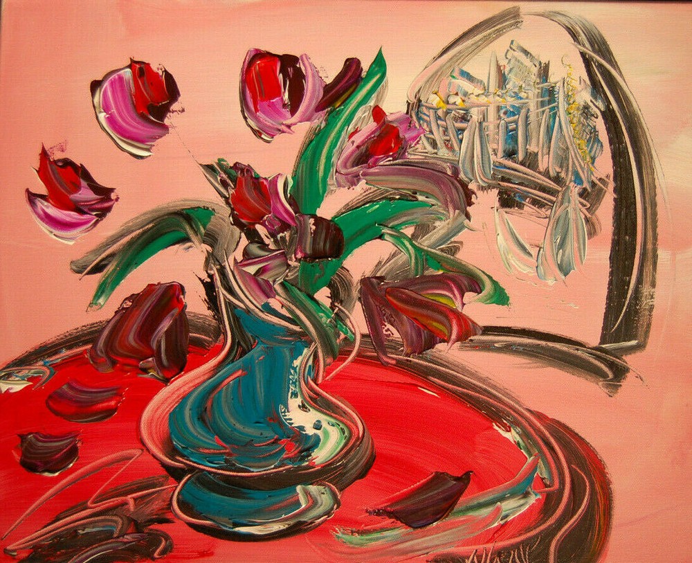 FLOWERS IN PINK ROOM  Original Fine Art Modern  Original Painting  Stretched