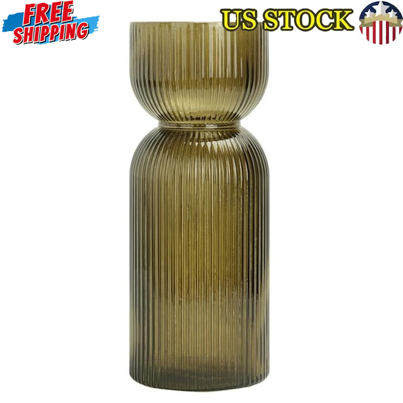 Translucent Green Fluted Glass Vase 10 Inch Tabletop Décor Durable Accent