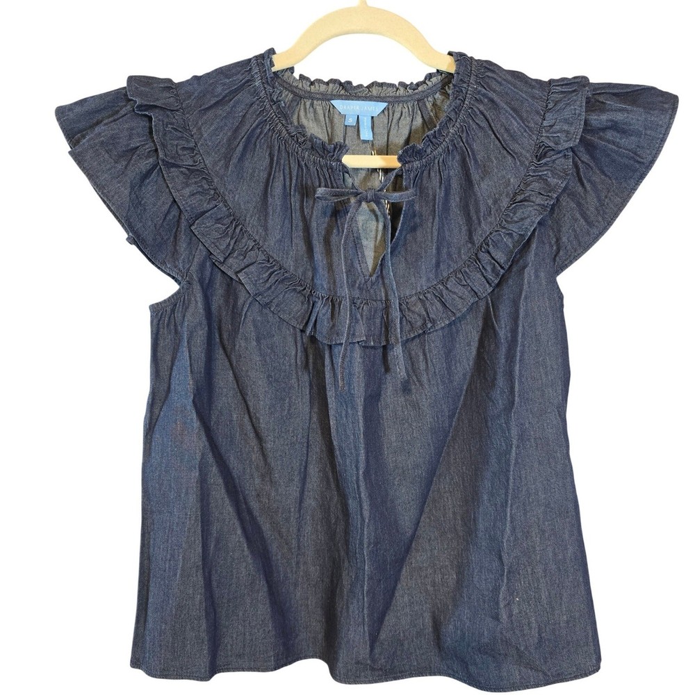Draper James Dark Wash Denim Flutter Sleeve Ruffle Tie Neck Top TOD0320 Small