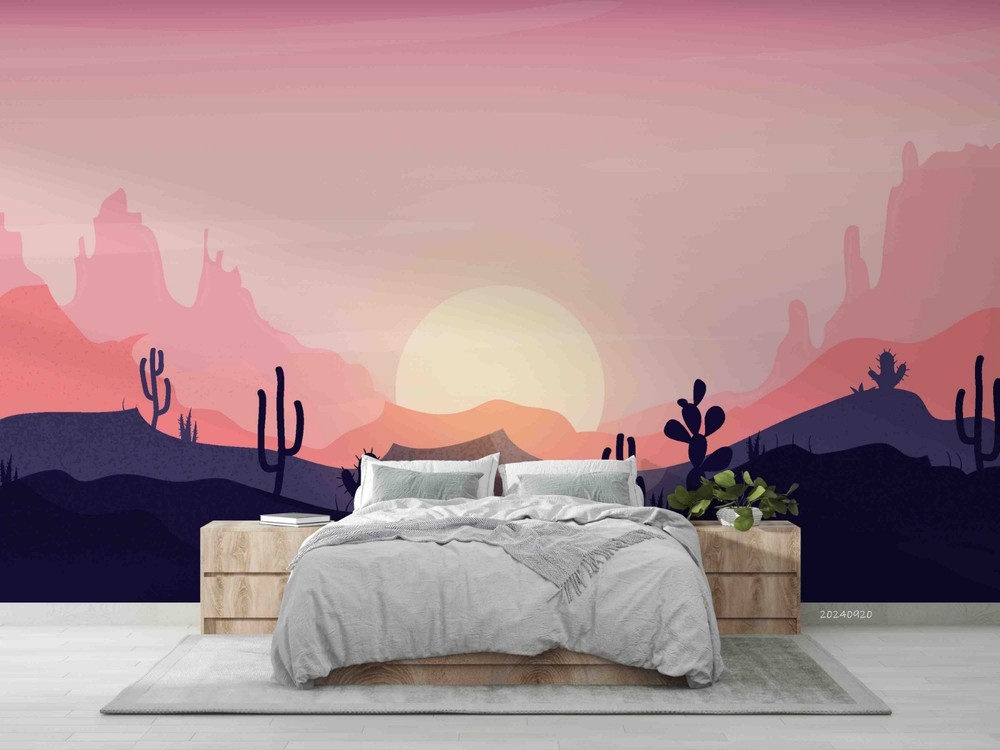 3D Desert Cactus Sunset Landscape Wall Murals Wallpaper Murals Wall Sticker