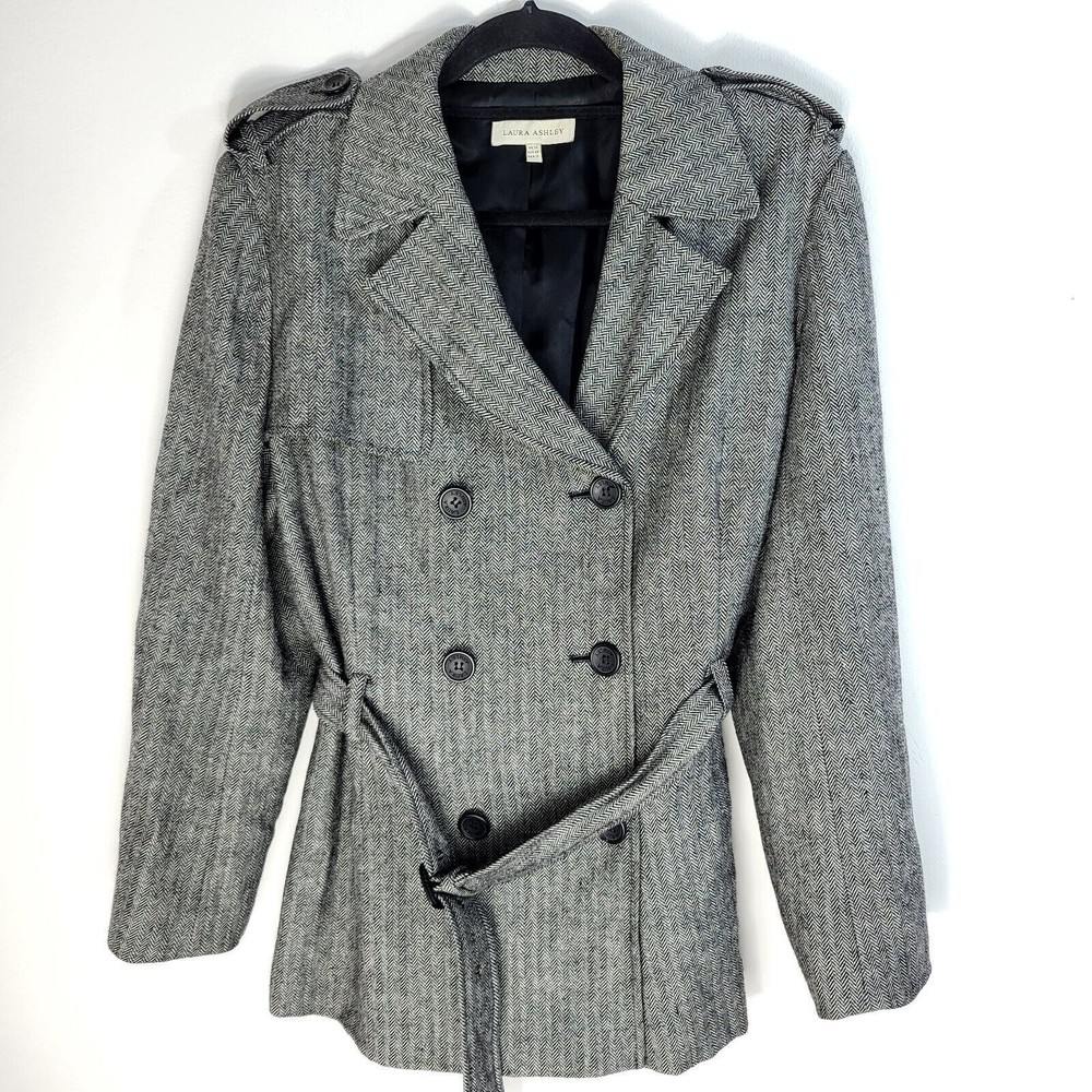 Laura Ashley Womens Grey Wool Blend Double Breasted Belted Coat UK Size 14